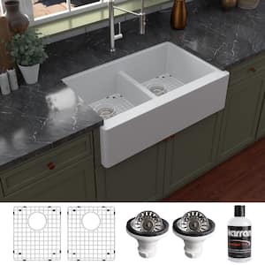 QA-750 Quartz/Granite 34 in. Double Bowl 50/50 Farmhouse/Apron Front Kitchen Sink in White with Grid and Strainer