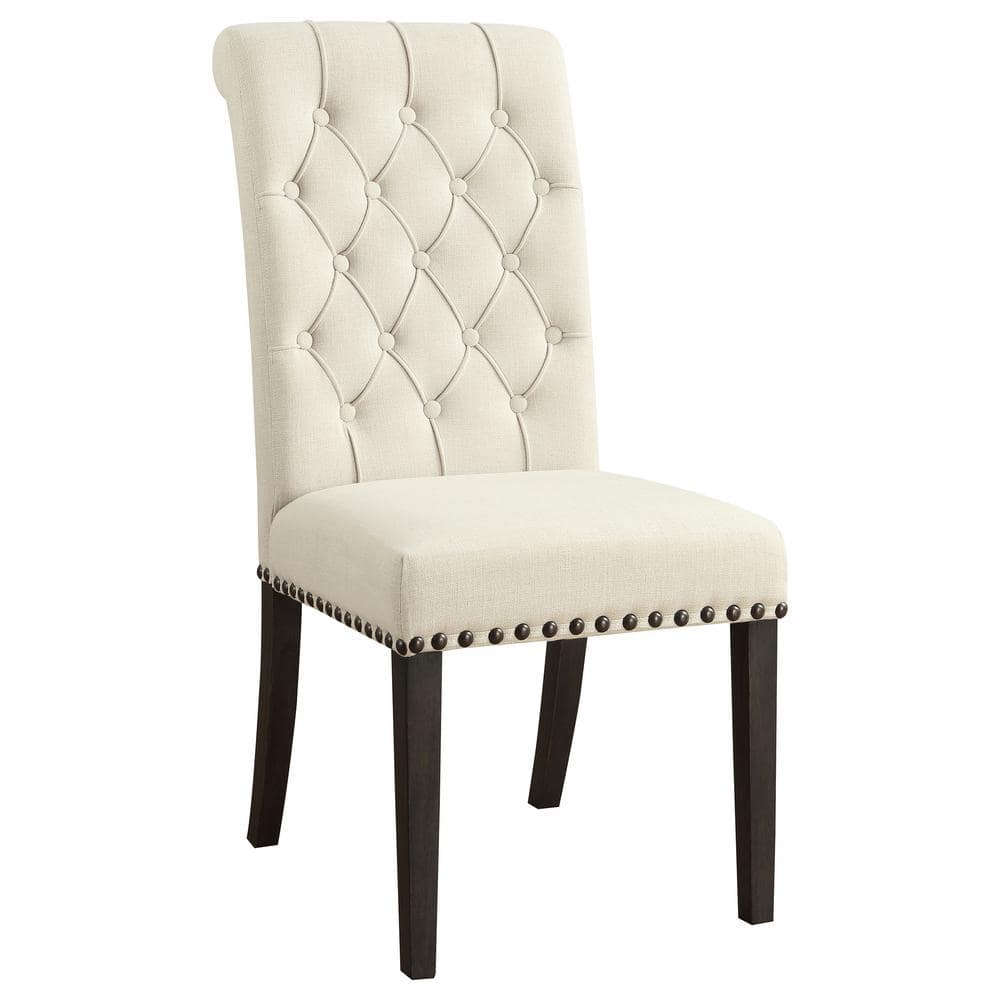 High-Back Beige Linen Upholstered Side Chair with Tufted Detail