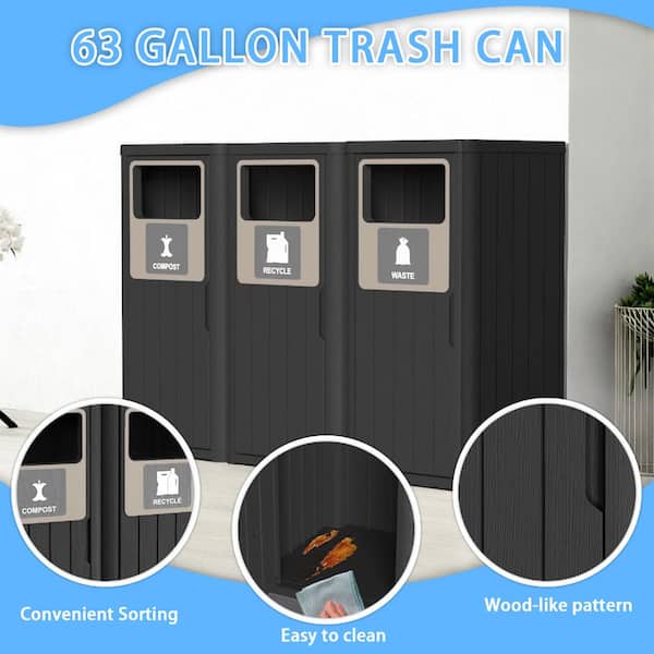 63 Gallon Triple Wood-grain Style Outdoor Trash Can With Triple