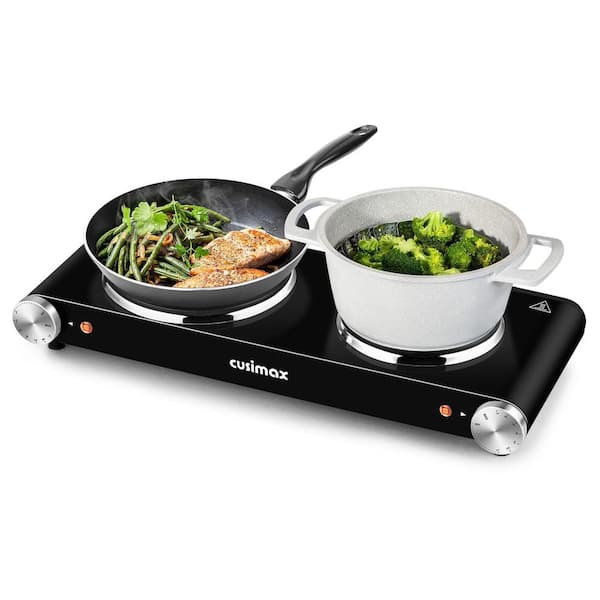 Double Cast Iron Burner 7.4 in. and 6.1 in. Stainless Steel Hot Plate in Black with 7-Gear Temperature Controls