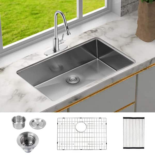 Lindra 28 in. L x 18 in. W Undermount Single Bowl Stainless Steel Kitchen Sink with Grid, Strainer and Drying Rack