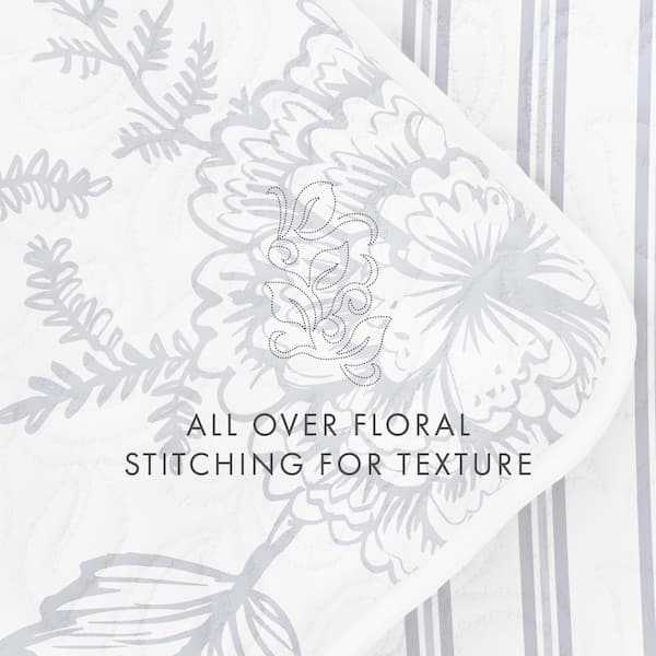 Becky Cameron All Season 3-Pcs Jacobean/Stripe Reversible Dusk Blue Microfiber Quilt Set with Shams IH-QPP-JAC-K-DB