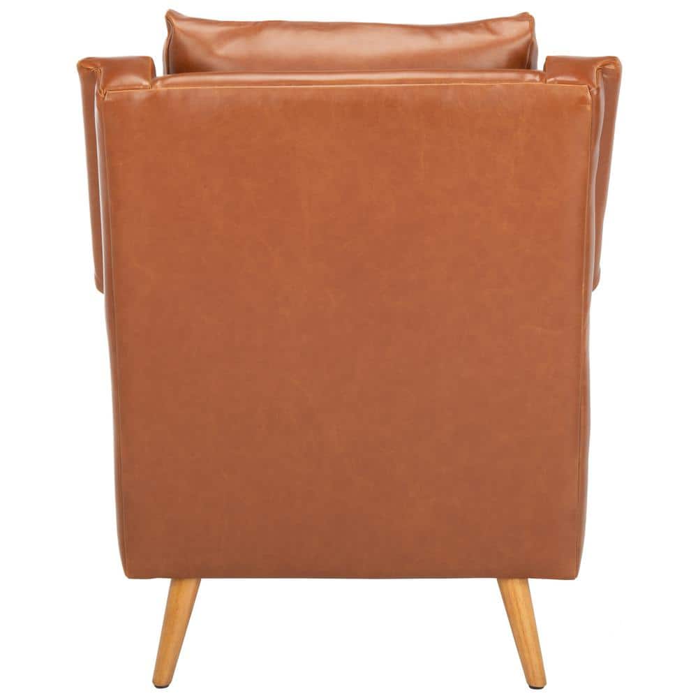 Cognac Faux Leather and Wood Mid-Century Accent Chair
