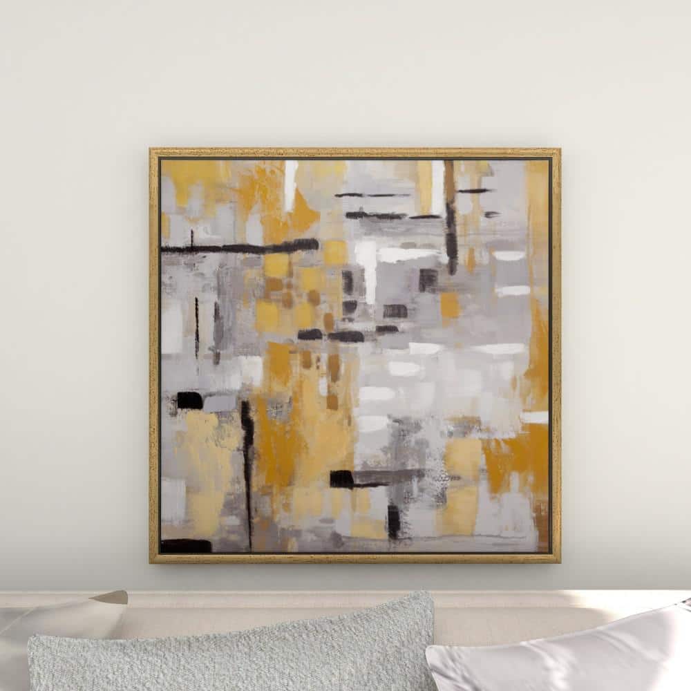 Gold and Gray Abstract Canvas Wall Art with Gold Frame, 40" x 40"