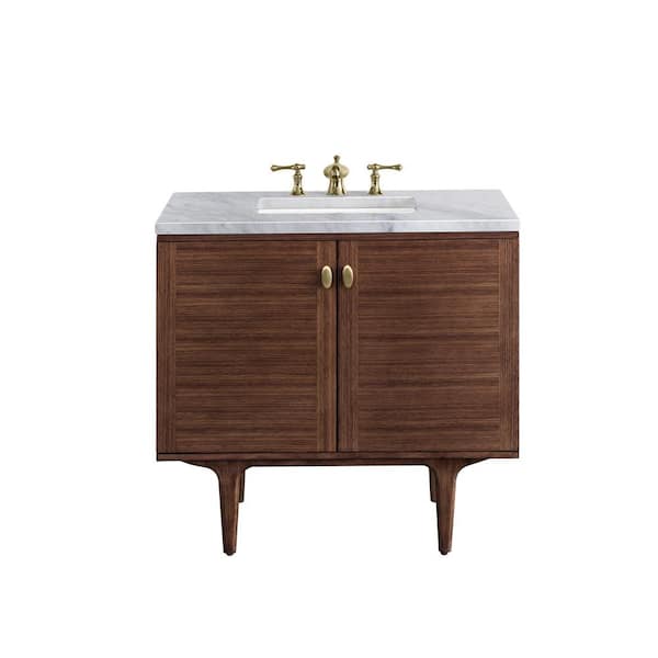 James Martin Vanities Amberly 36.0 in. W x 23.5 in. D x 34.7 in . H Bathroom Vanity in Mid-Century Walnut with Carrara Marble Marble Top
