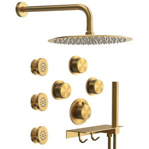 FlexiRain 7-Spray 12 in. Dual Wall Mount Fixed and Handheld Shower Head 2.5 GPM in Brushed Gold with Rough-in Valve