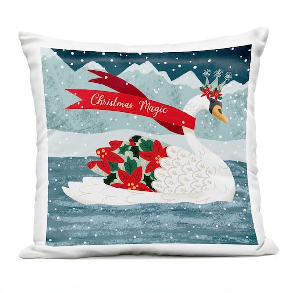Christmas Magic Enchanted Swan Blue Square Outdoor Throw Pillow