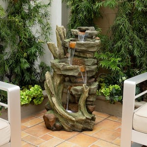 39 in. Tall Outdoor Multi-Tier Cascading Stone Tower Waterfall Fountain with LED Lights