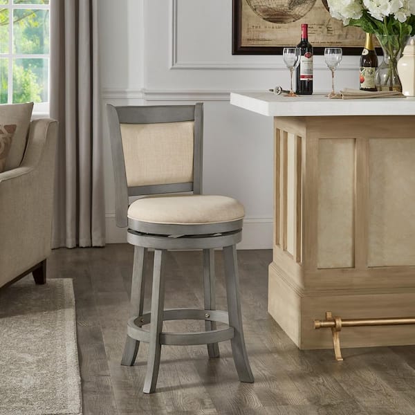 24.75 in. Antique Grey Finish Beige Upholstered Back Wood Frame Swivel Counter Height Stool