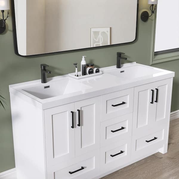 60 in. W x 22 in. D x 35.5 in. H Freestanding Bath Vanity Cabinet and Solid Surface Countertop with Double Sink in White