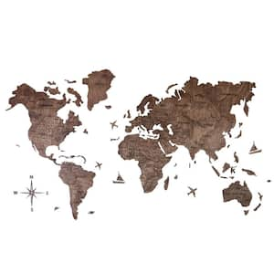 79 in. x 47 in. Brown Dark Wood World Map Hanging Dimensional Wall Art 1-Piece