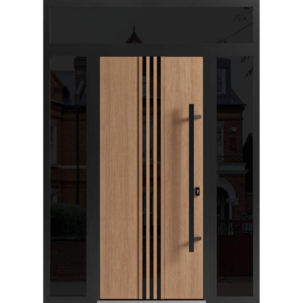 1055 60 in. x 96 in. Left-hand/Inswing 3 Sidelight Tinted Glass Teak Steel Prehung Front Door with Hardware price history on PriceWatchPro