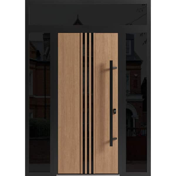 VDOMDOORS 1055 60 in. x 96 in. Left-hand/Inswing 3 Sidelight Tinted Glass Teak Steel Prehung Front Door with Hardware