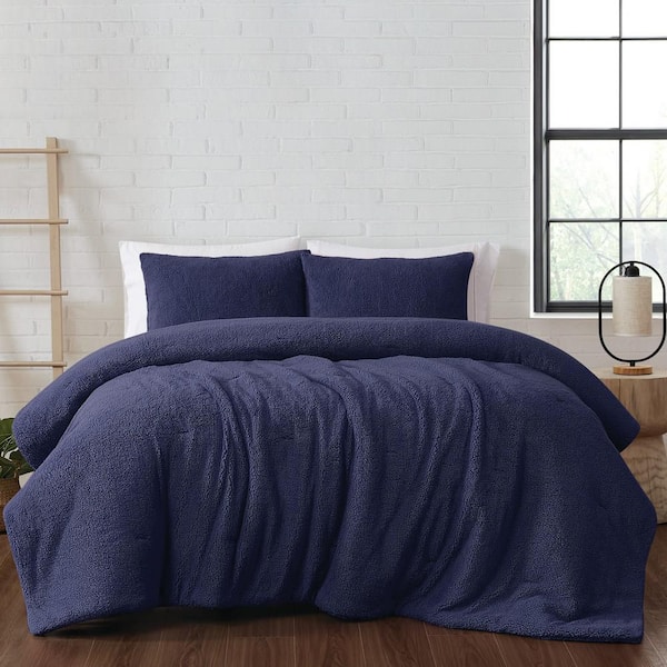 Brooklyn Loom Marshmallow Sherpa Polyester Navy 3 Piece Full/Queen Comforter Set
