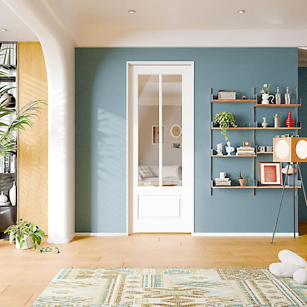 30in. x 80in. Right-Handed 2-Lite Mirror Glass Solid Core White MDF Wood Prehung Interior Door w/ Door Jamb Hareware Kit