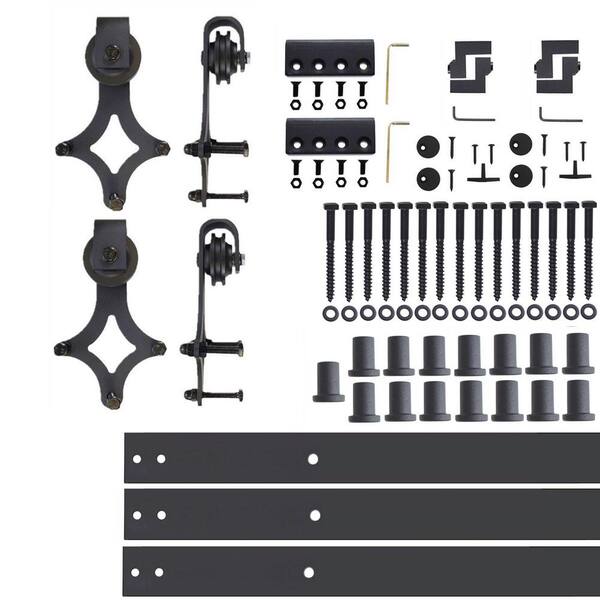 HOMACER 18 ft./216 in. Black Rustic Non-Bypass Sliding Barn Door Hardware Kit Diamond Design Roller for Double Doors