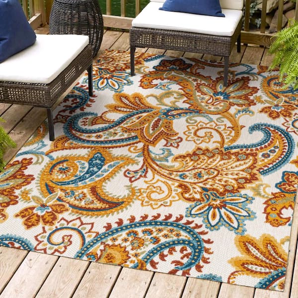 JONATHAN Y Gordes Paisley High-Low Orange/Multi 5 ft. x 8 ft. Indoor/Outdoor Area Rug