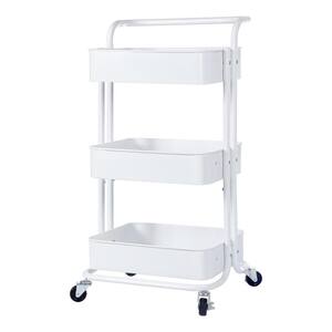 3-Tier White Steel Rolling Storage Utility Cart, Kitchen Cart with 4-Wheels, 360° Rotation and Handle for Kitchen Office