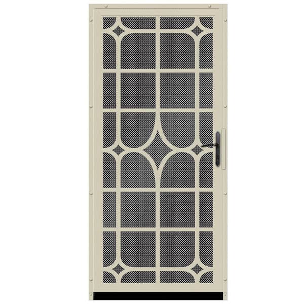 Unique Home Designs 36 in. x 80 in. Lexington Almond Surface Mount Steel Security Door with Black Perforated Screen and Bronze Hardware