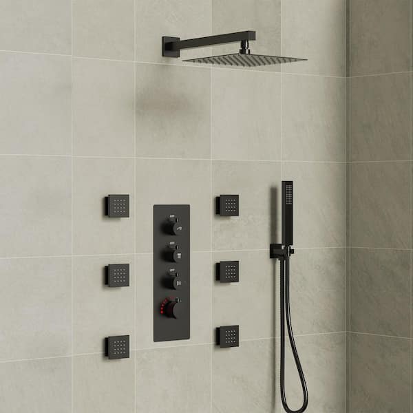 4-Knobs 7-Spray 12 in. Thermostatic Rain Dual Shower Head Fixed and Handheld Shower Head in Matte Black