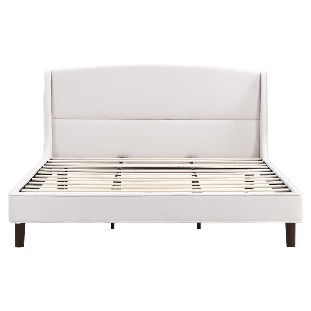 Beige Wood Frame King Size Upholstered Platform Bed with Wingback Headboard - thumbnail 4