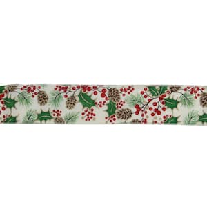 2.5 in. x 16 yds. Glitter Holly Berries and Pinecones Cream Wired Ribbon