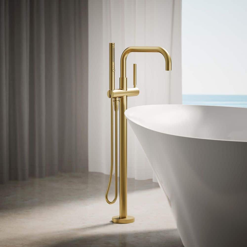 Vibrant Brushed Brass Floor-Mount Bath Filler with Handshower