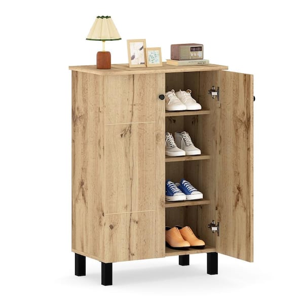 4-Tier Shoe Organizer with Removable Shelves and Double Doors for Entryway and Closet, Natural