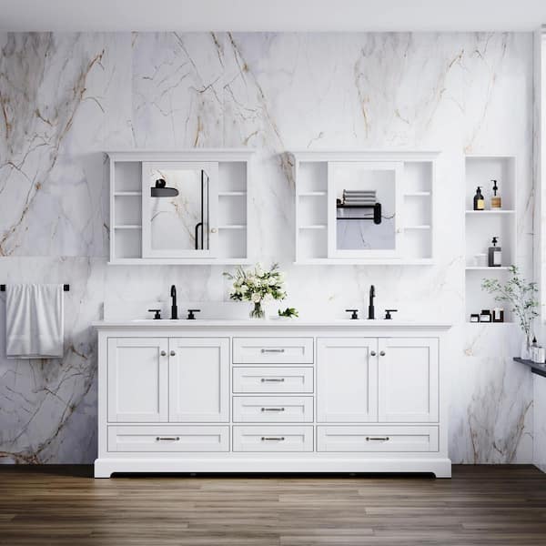 WELLFOR QUE 80 in. W Solid Wood Double Sink Bath Vanity in White