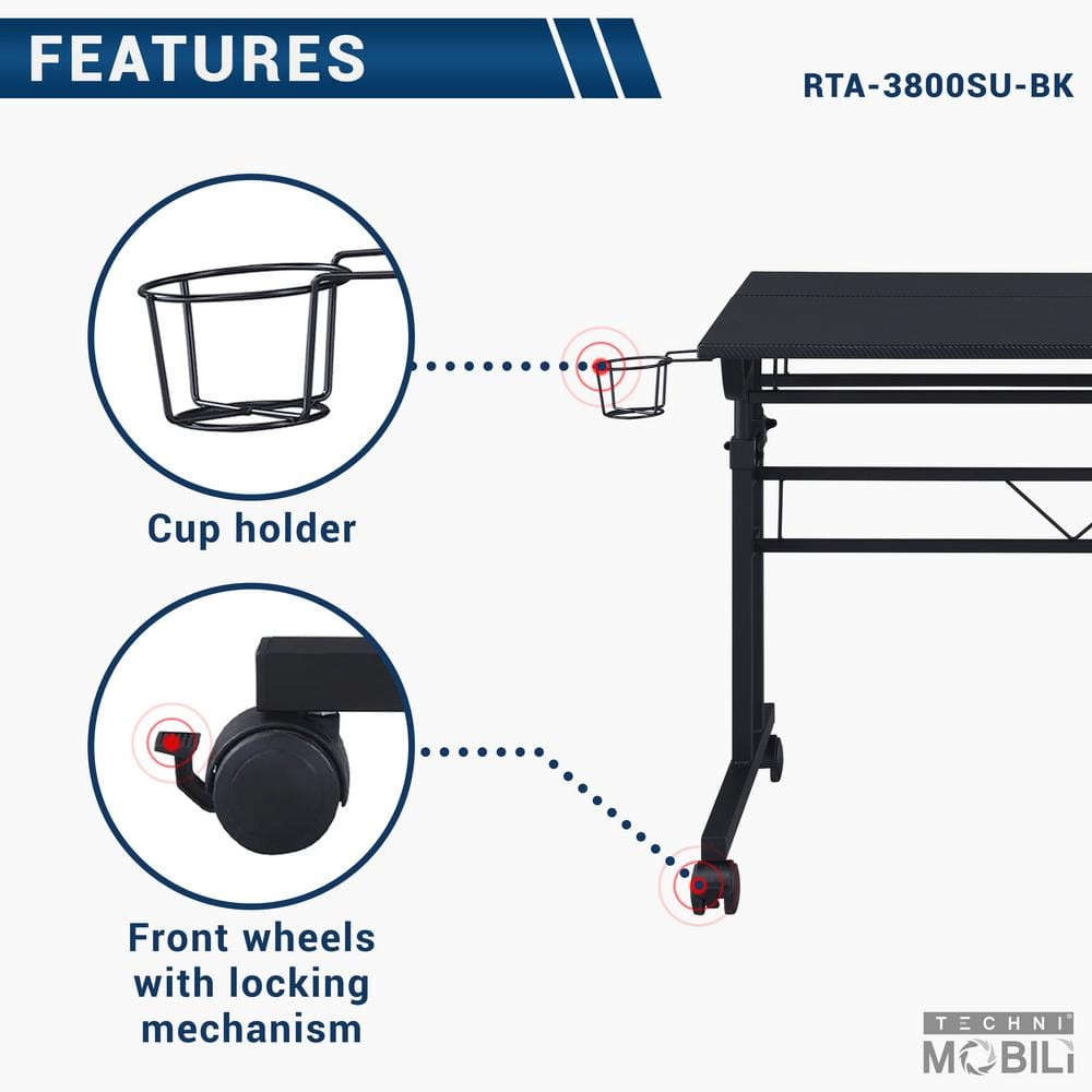Adjustable Height Black Mobile Writing Desk with Cup Holder and Headphone Hook