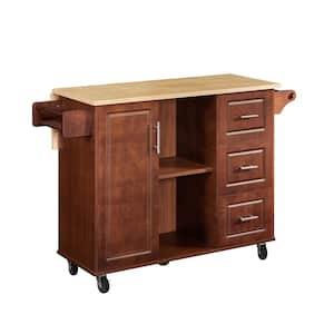 53.78 inch Brown Wood Kitchen Cart with Wood Top and Spice Rack and 2-Drawers