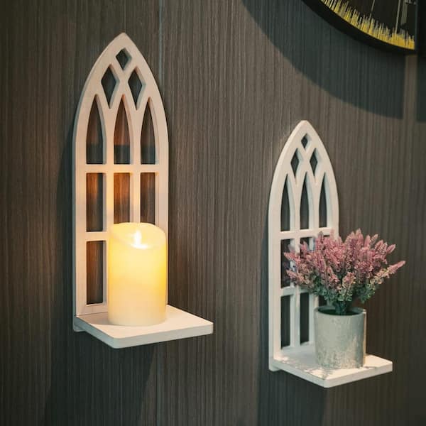 White Candle Sconces Wall Decor Set of 2 Handmade Wall Sconce Candle Holder  Window Shape Wood Wall Home Decor PUN7TL - The Home Depot