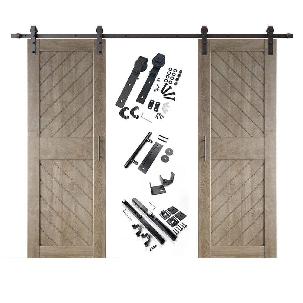 XT3 30 in. x 84 in. C-Panel Classic Gray Slanted Stripe Design Double Pine Wood Sliding Barn Door with Hardware Kit price history on PriceWatchPro