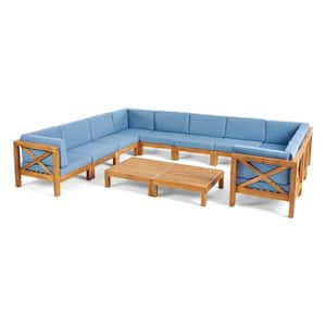 Brava Teak Brown 12-Piece Wood Patio Conversation Sectional Seating Set with Blue Cushions