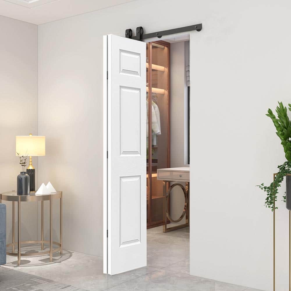 Primed White MDF Composite Bifold Barn Door with Black Hardware, 36" x 80"