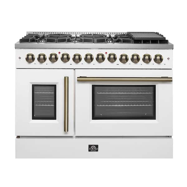 Galiano 48 in. French Door Dual Fuel Range, White and Antique Brass, 107,000 BTU, 6.58 cu. ft. Ovens 8 Burners