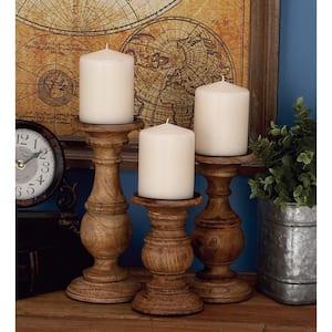 Brown Mango Wood Turned Style Pillar Candle Holder (Set of 3)