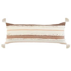 Quarry Brown /White /Peach Tufted Striped Tassels Soft Poly-Fill 14 in. x 36 in. Throw Pillow