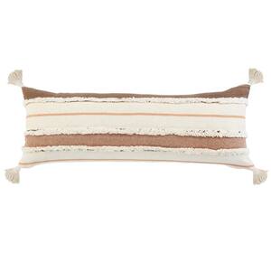 Quarry Brown /White /Peach Tufted Striped Tassels Soft Poly-Fill 14 in. x 36 in. Throw Pillow