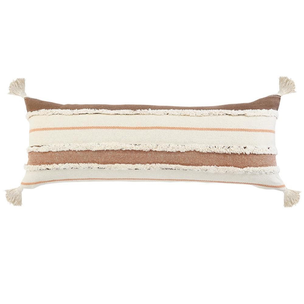 Quarry Brown /White /Peach Tufted Striped Tassels Soft Poly-Fill 14 in. x 3
