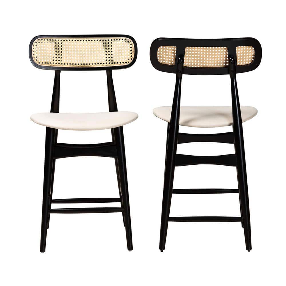 Cream and Black Woven Rattan Wood Counter Stools, Set of 2