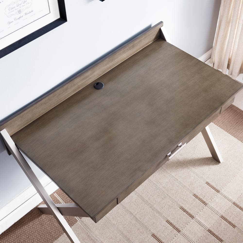 Modern Smoke Gray Wood and Silver Metal Desk with Keyboard Tray
