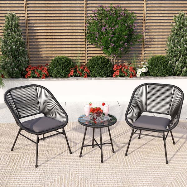PHI VILLA Rattan 3-Piece Metal Outdoor Dining Set with Tempered Glass Table and Wicker Chairs