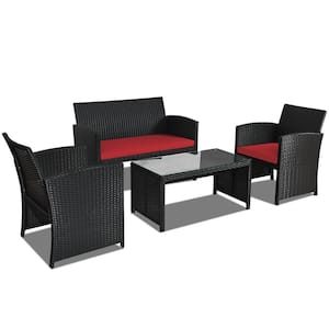 4-Pieces Rattan Wicker Patio Conversation Set with Red Cushions and Tempered Glass Tabletop