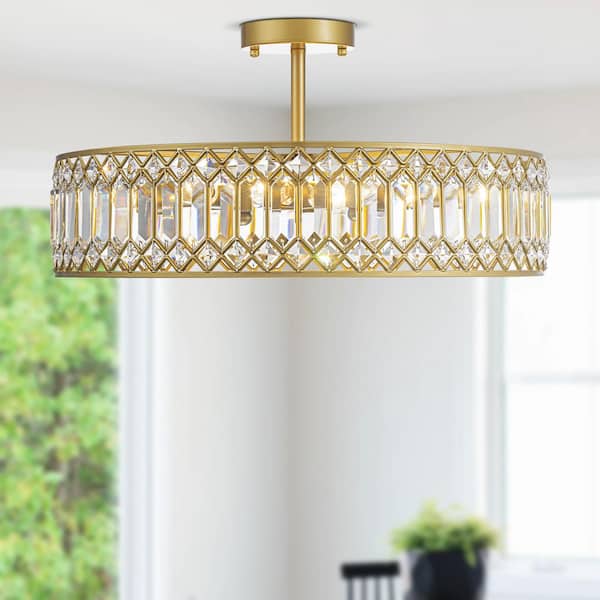 19.69 in. Gold Modern Crystal Semi-Flush Mount Ceiling Light for Bedroom, Hallway, or Entryway