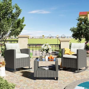 3-Piece Wicker Rocking Patio Conversation Set with Beige Cushions