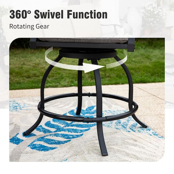 PHI VILLA Swivel Metal Outdoor Bar Stool with Grey Cushion