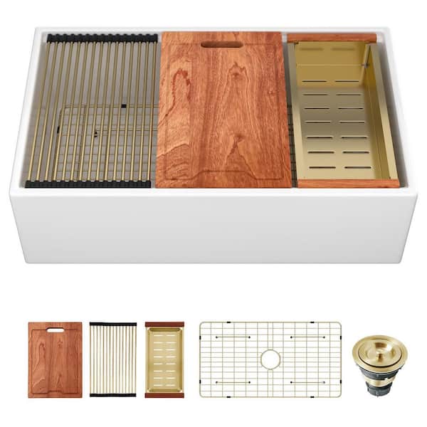 33 in. Undermount Single Bowl White Porcelain Ceramic Workstation Kitchen Sink with Strainer and Bottom Grid in Gold