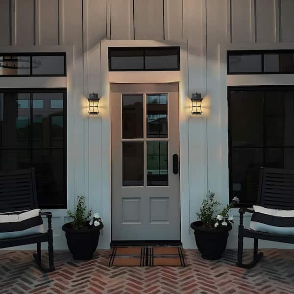 11.25 in. Black Motion Sensing Dusk to Dawn Outdoor Hardwired Wall Lantern Sconce with No Bulbs Included (2-Pack)