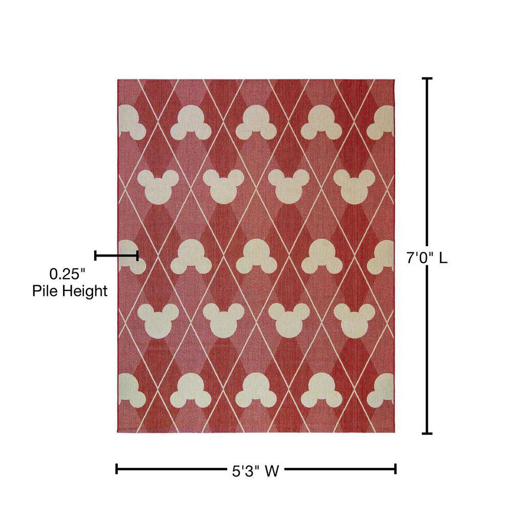 Red Mickey Mouse Argyle 5' x 7' Synthetic Indoor/Outdoor Rug